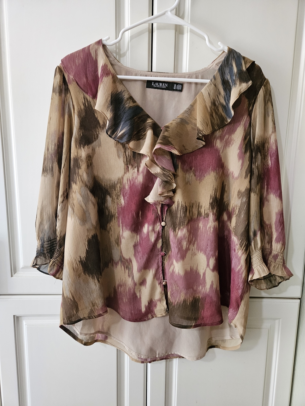 Lauren Ralph Lauren Georgette Abstract Floral Ruffle V-Neck Blouse